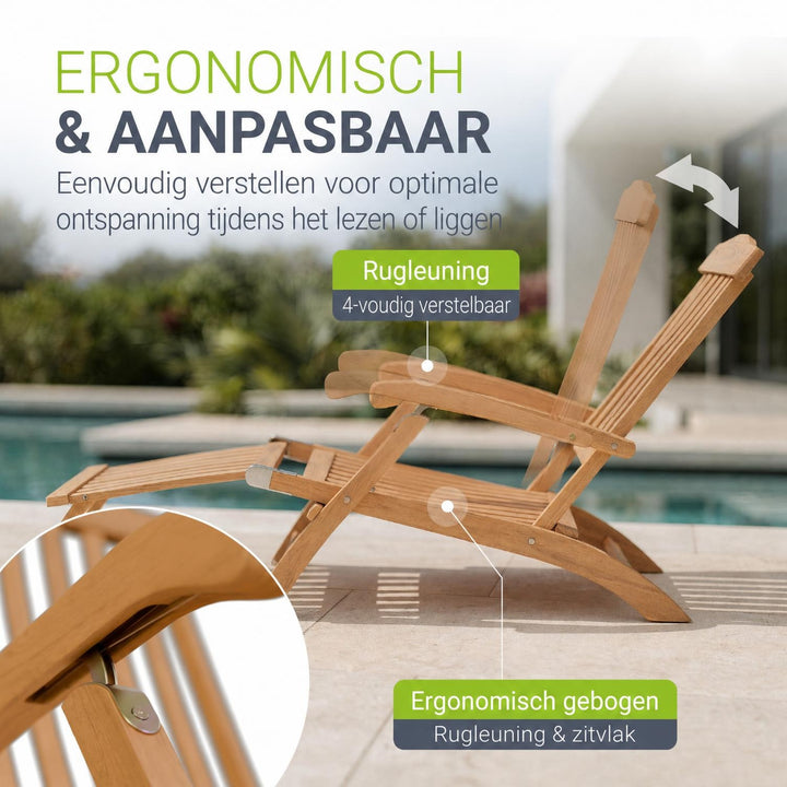 Ligbed Evia – inklapbaar acaciahout, verstelbare rugleuning