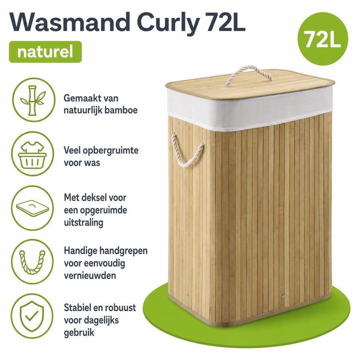 Bamboe wasmand Curly – 72 liter, met deksel en waszak