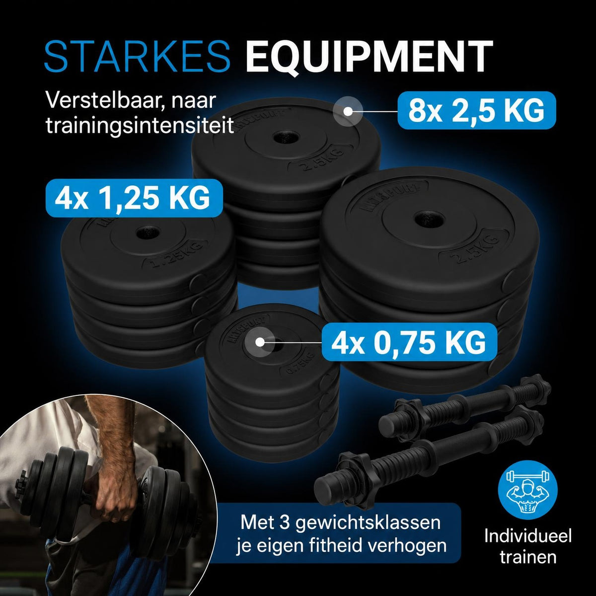 Halterset 30 kg – 2 dumbbellstangen en 16 gewichtsschijven