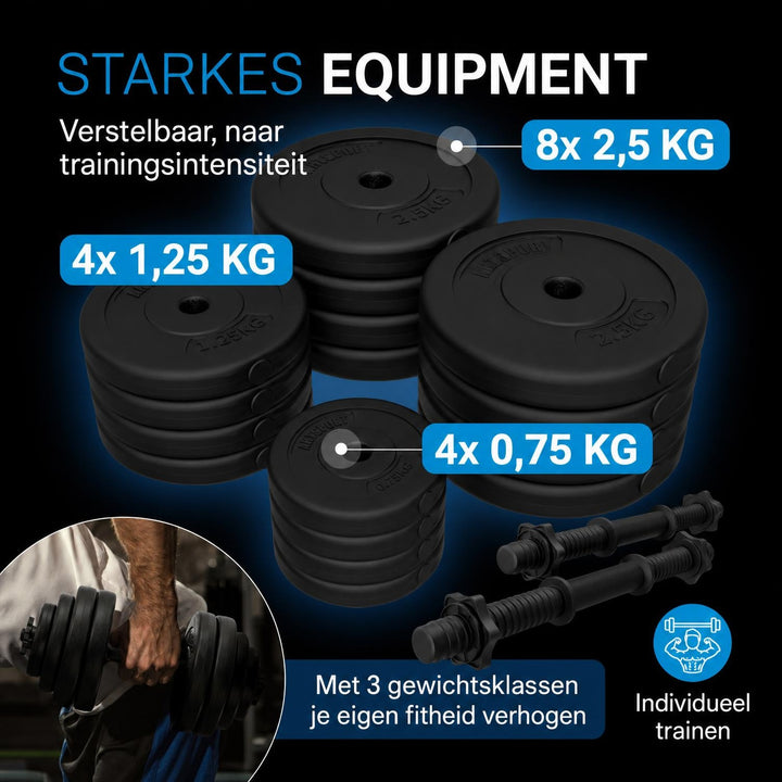 Halterset 30 kg – 2 dumbbellstangen en 16 gewichtsschijven