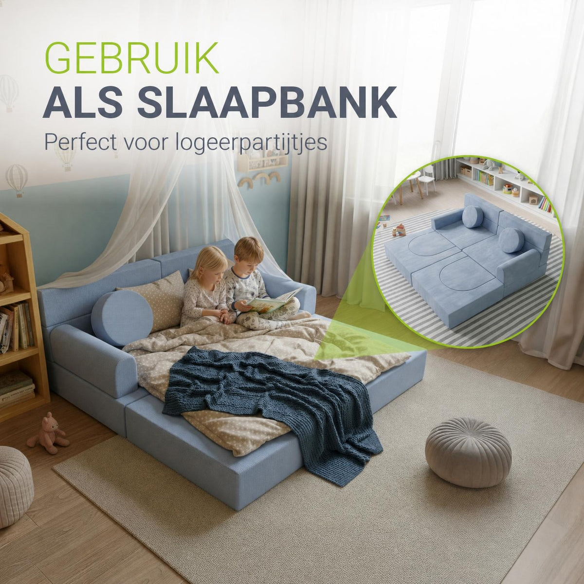 Speelbank Kayo van ribstof – modulair, met kussens, beige