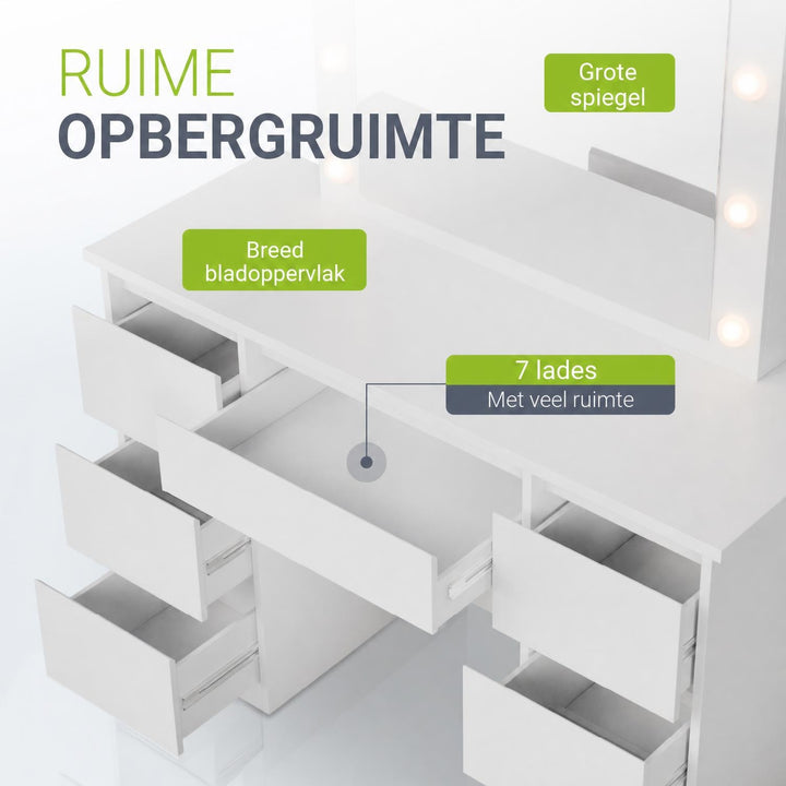 Kaptafel Talea met LED-spiegel – 7 lades, dimbaar licht
