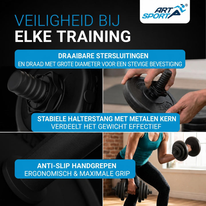 Dumbbellset 20 kg – 2 stangen en 12 gewichtsschijven, verstelbaar