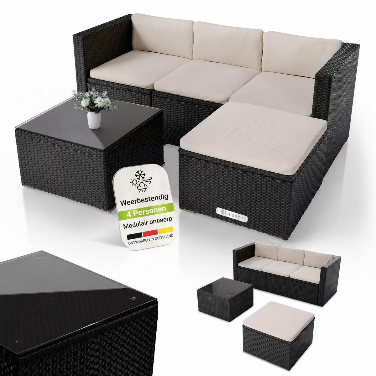 Wicker loungeset Punta Cana – 3 personen, bank met glazen tafel