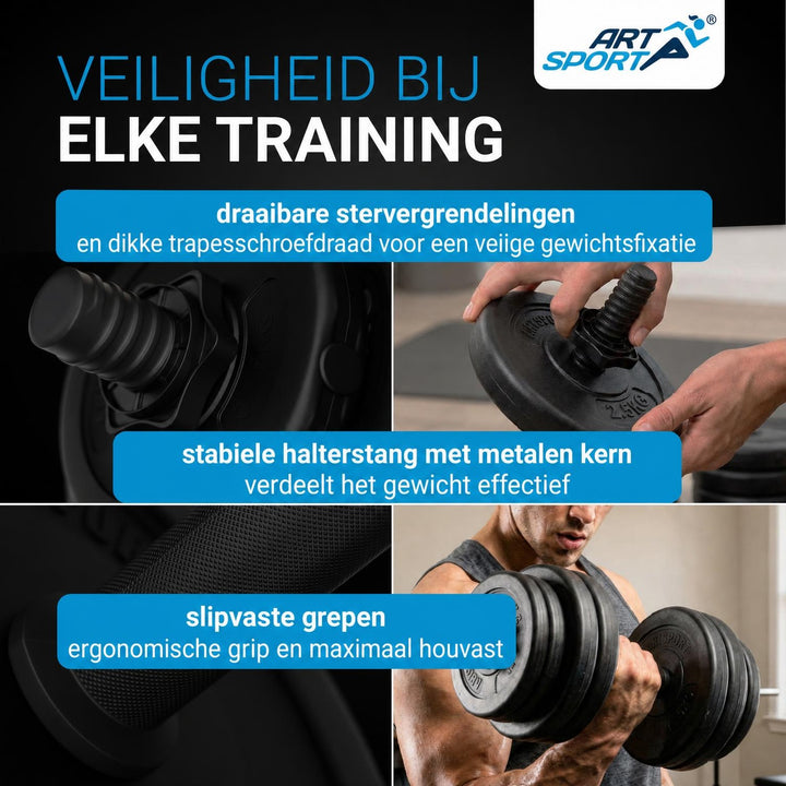 Dumbbellset 40 kg – 2 stangen en 12 gewichtsschijven, verstelbaar