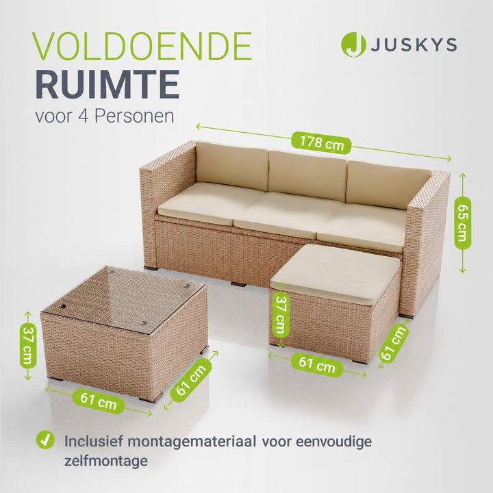 Wicker loungeset Punta Cana – 3 personen, bank met glazen tafel