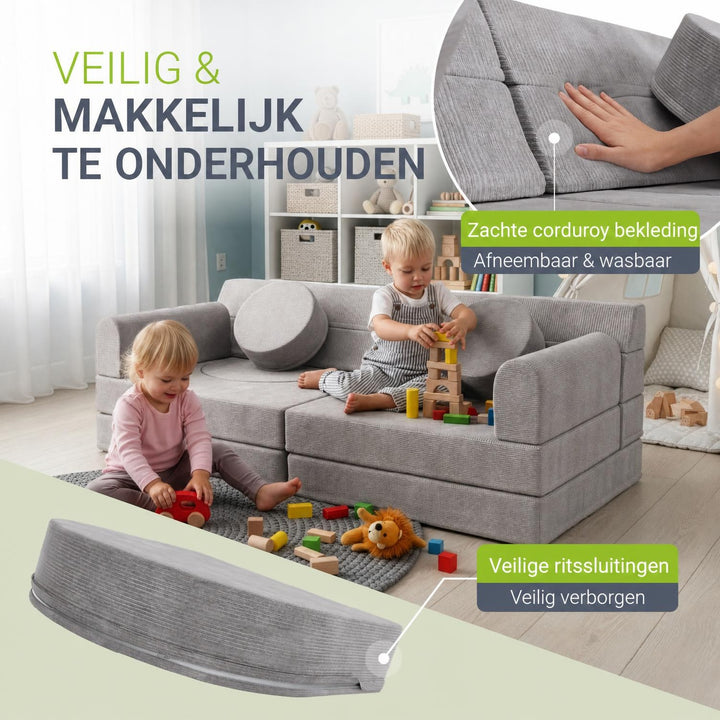 Speelbank Kayo van ribstof – modulair, met kussens, beige