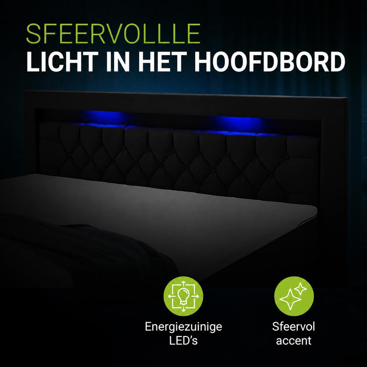 Boxspring Leona – fluweel, H4-binnenvering, topper en ledlicht