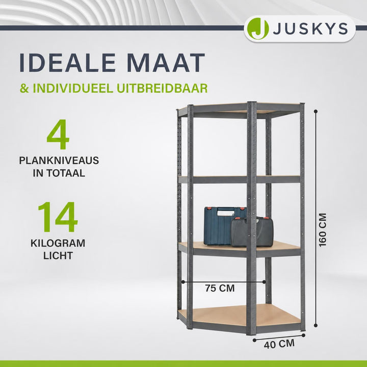 Metalen hoekstelling Corner Easy – 160x75x40-75 cm, MDF-planken