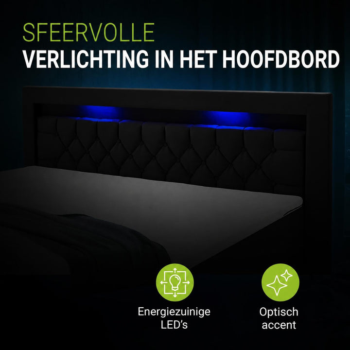 Boxspring Leona – fluweel, H4-binnenvering, topper en ledlicht