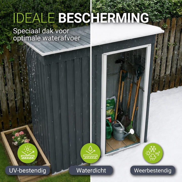 Metalen tuinhuis – verzinkt staal, lessenaarsdak, afsluitbaar