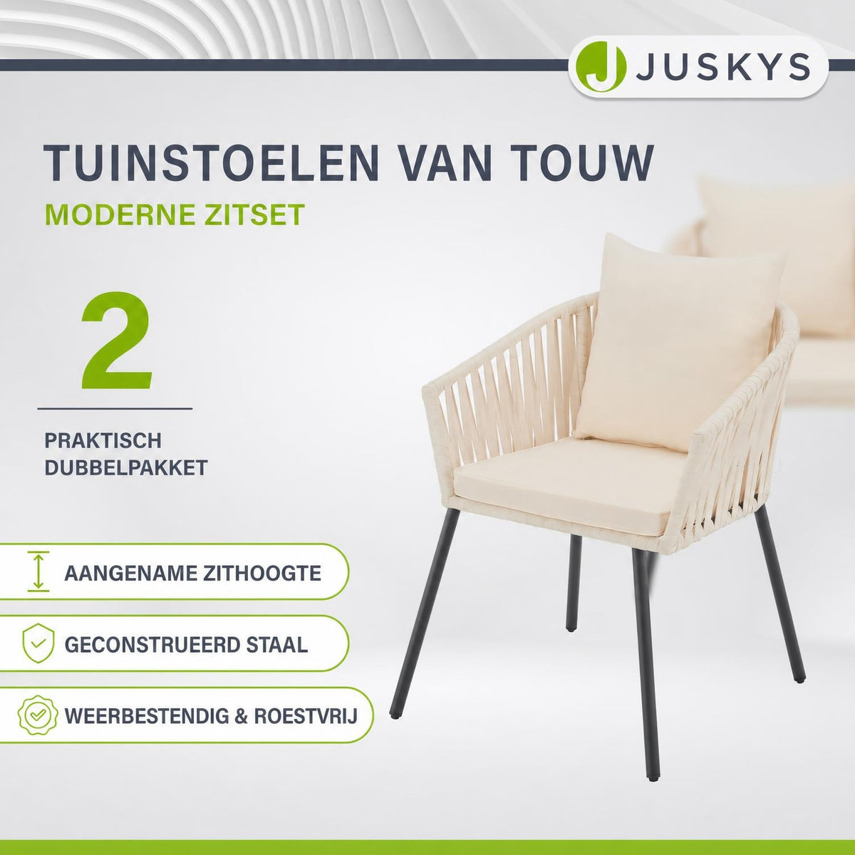 Rope tuinstoelen – set van 2, gevlochten touw met dikke kussens
