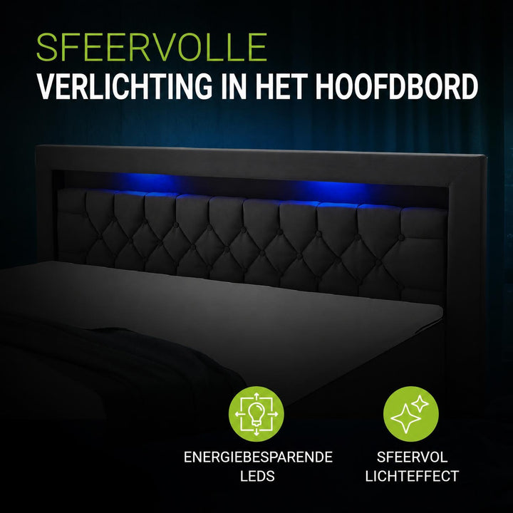 Boxspring Leona – fluweel, H4-binnenvering, topper en ledlicht