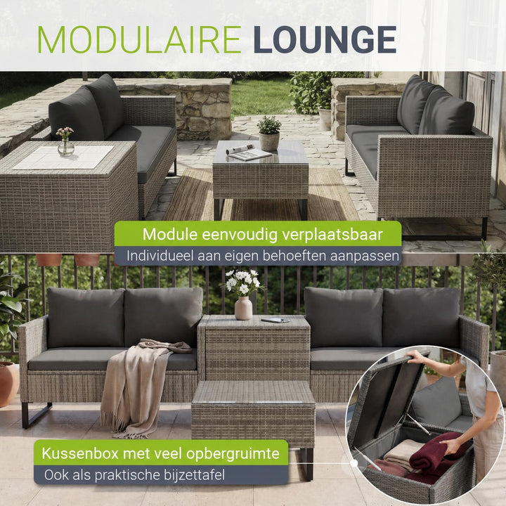 Wicker loungeset Santorini – 4 personen, modulair, kussenbox