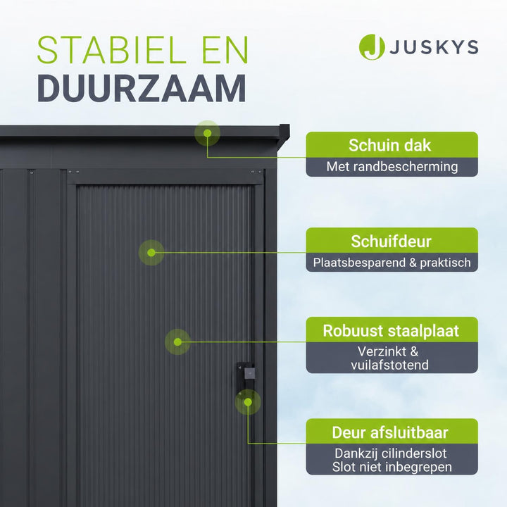 Metalen tuinhuis – verzinkt staal, lessenaarsdak, afsluitbaar