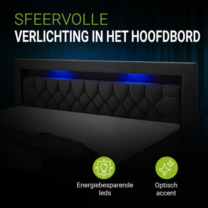 Boxspring Leona – fluweel, H4-binnenvering, topper en ledlicht