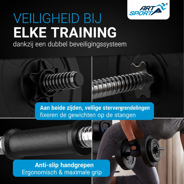 Halterset 3-in-1 60 kg – dumbbells, halterstang en curlstang