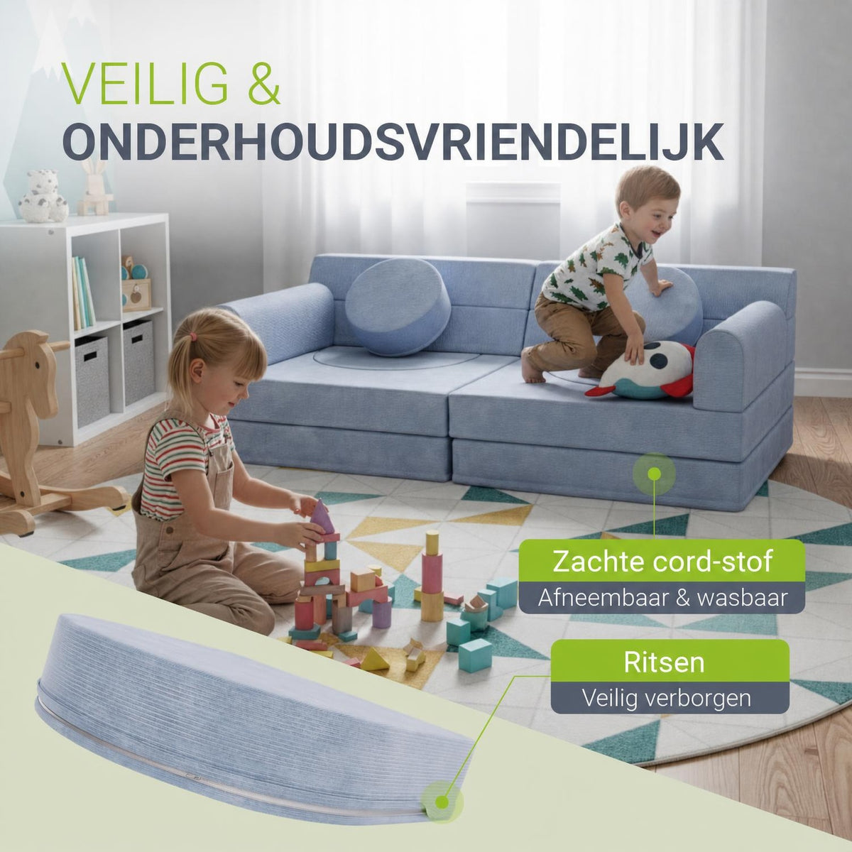 Speelbank Kayo van ribstof – modulair, met kussens, beige