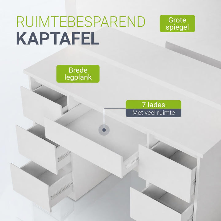Kaptafel Lilia met LED-spiegel – 7 lades en opbergruimte
