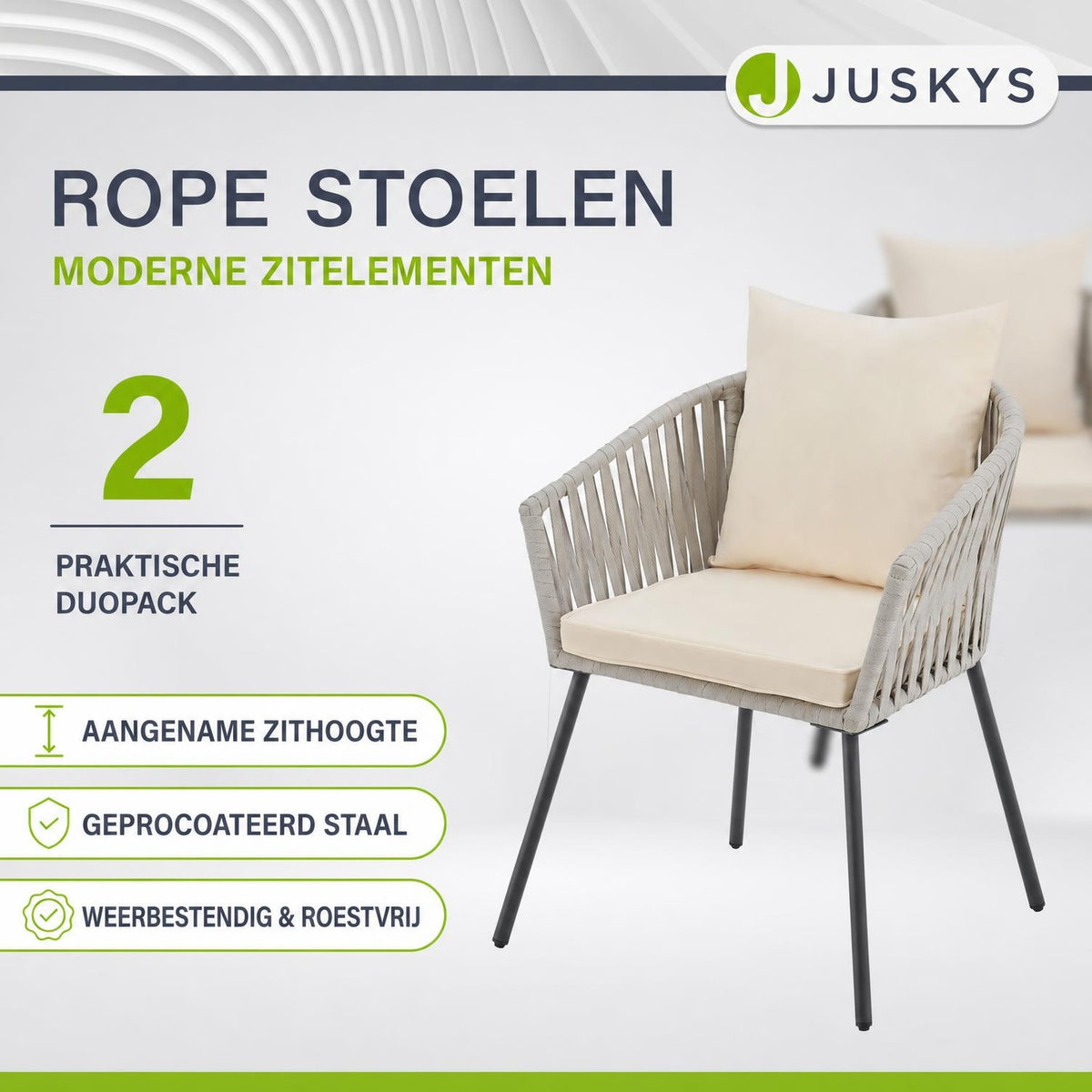 Rope tuinstoelen – set van 2, gevlochten touw met dikke kussens