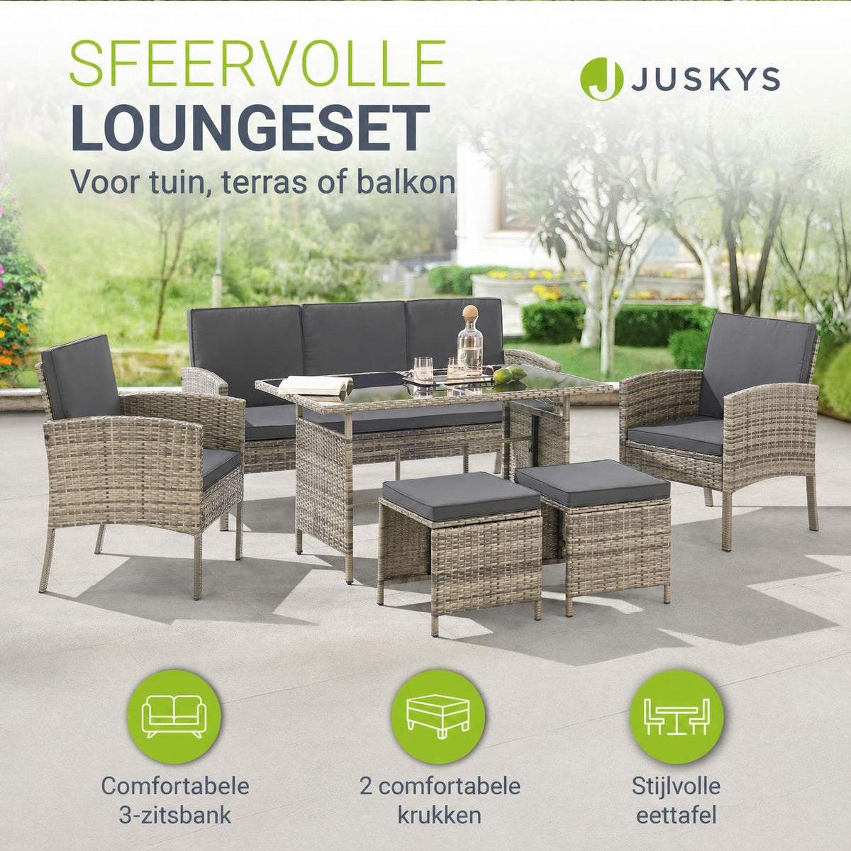 Wicker tuinset Turin – 6-delig voor 7 personen, incl. kussens