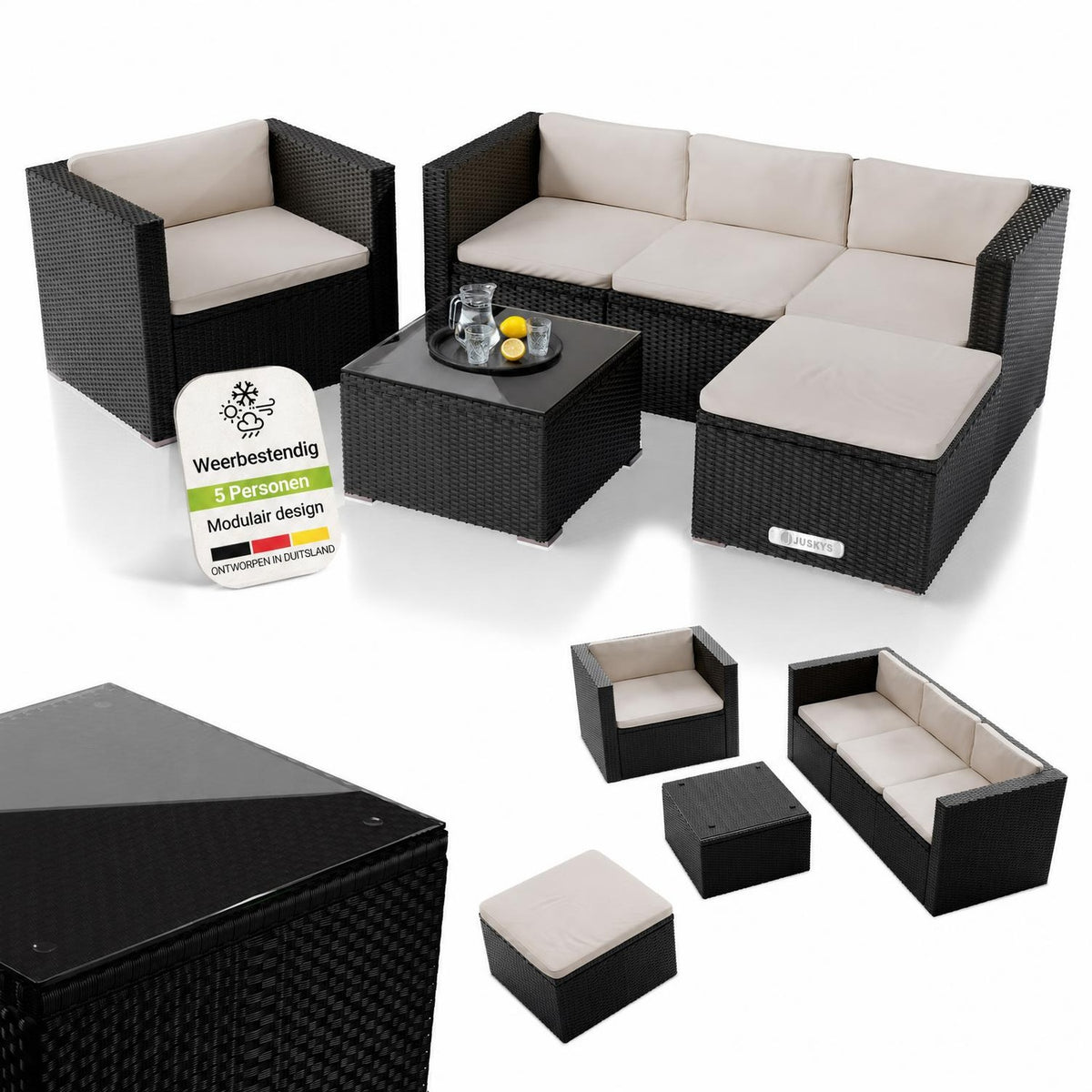 Wicker loungeset Punta Cana – 3 personen, bank met glazen tafel