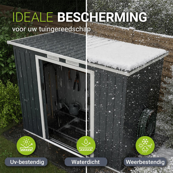 Metalen tuinhuis – verzinkt staal, lessenaarsdak, afsluitbaar