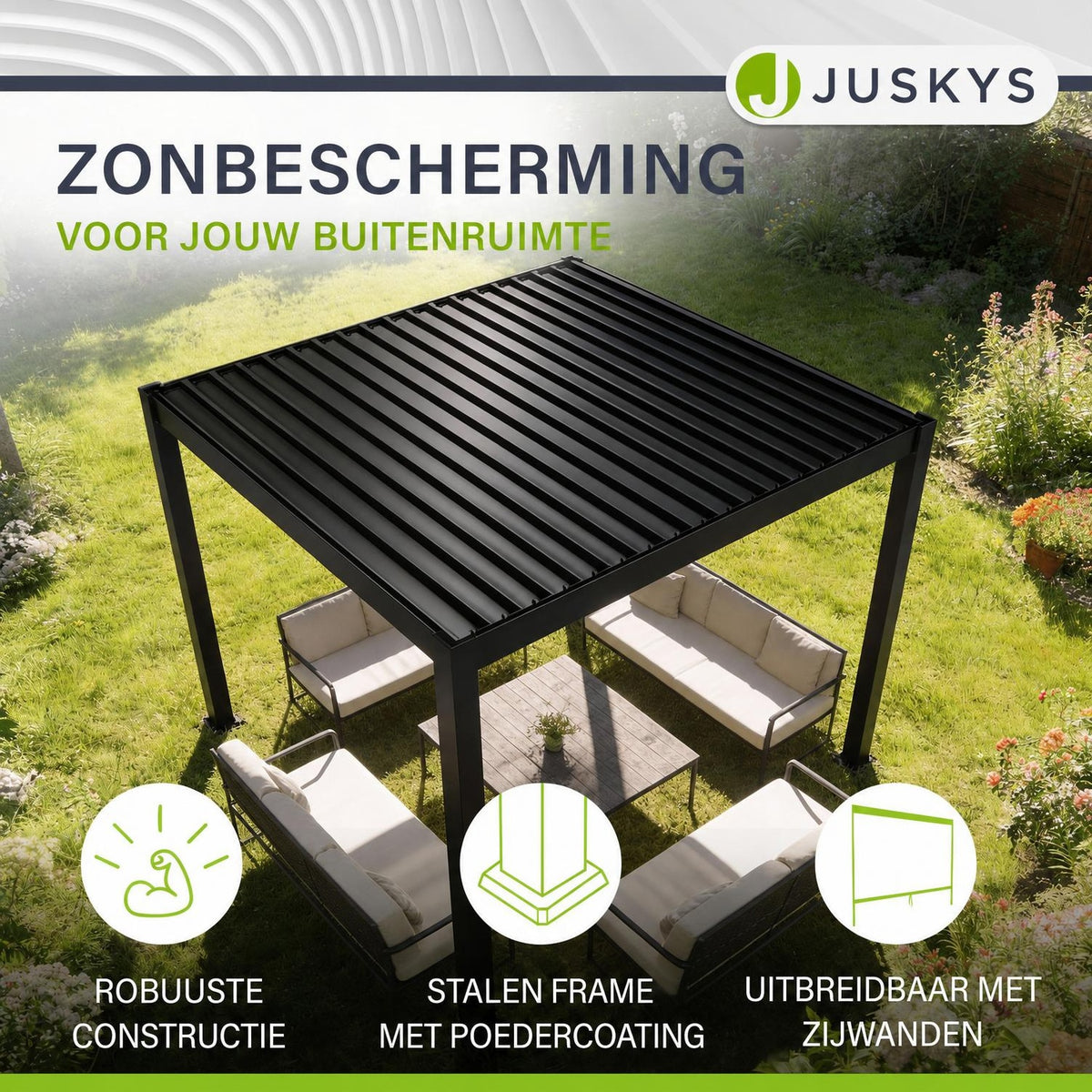 Pergola Tahiti 3 x 3 m met 1 zijwand