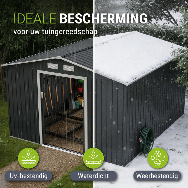 Metalen tuinhuis – verzinkt staal, lessenaarsdak, afsluitbaar