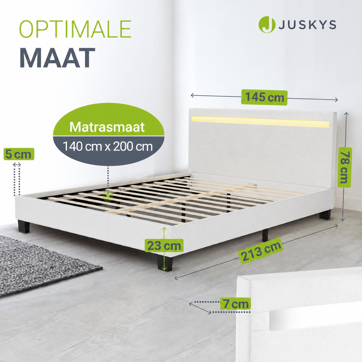 Gestoffeerd bed Paris 140x200 cm – wit, met LED en lattenbodem