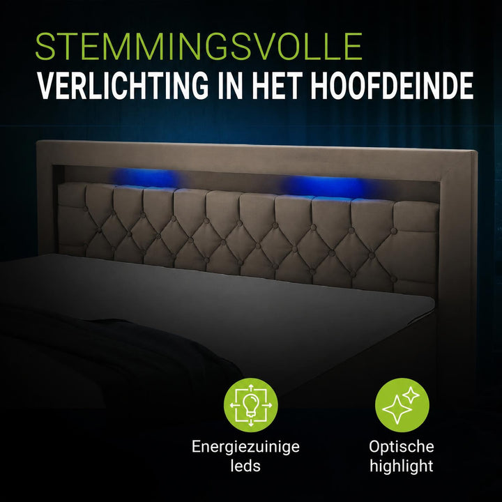 Boxspring Leona – fluweel, H4-binnenvering, topper en ledlicht