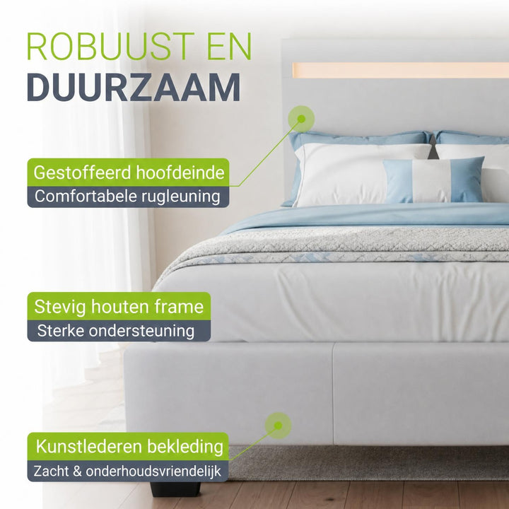 Gestoffeerd bed Paris 140x200 cm – wit, met LED en lattenbodem