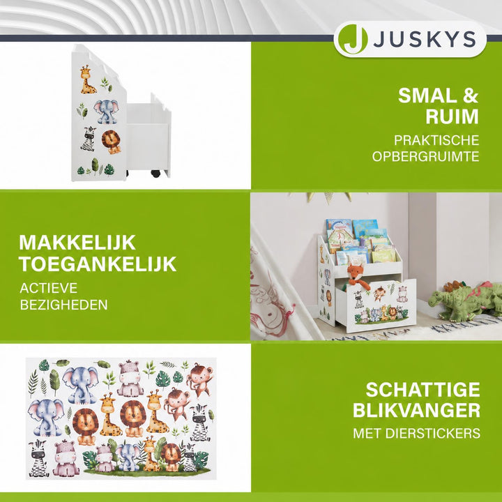 Kinderboekenkast – 3 vakken en uittrekbare speelgoedkist, hout