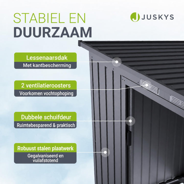 Metalen tuinhuis – verzinkt staal, lessenaarsdak, afsluitbaar