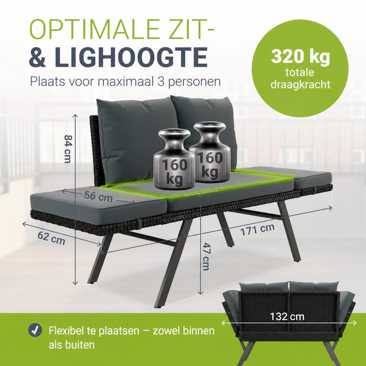 Wicker tuinbank Calvia – 2-in-1 bank en ligbed, 2-3 personen