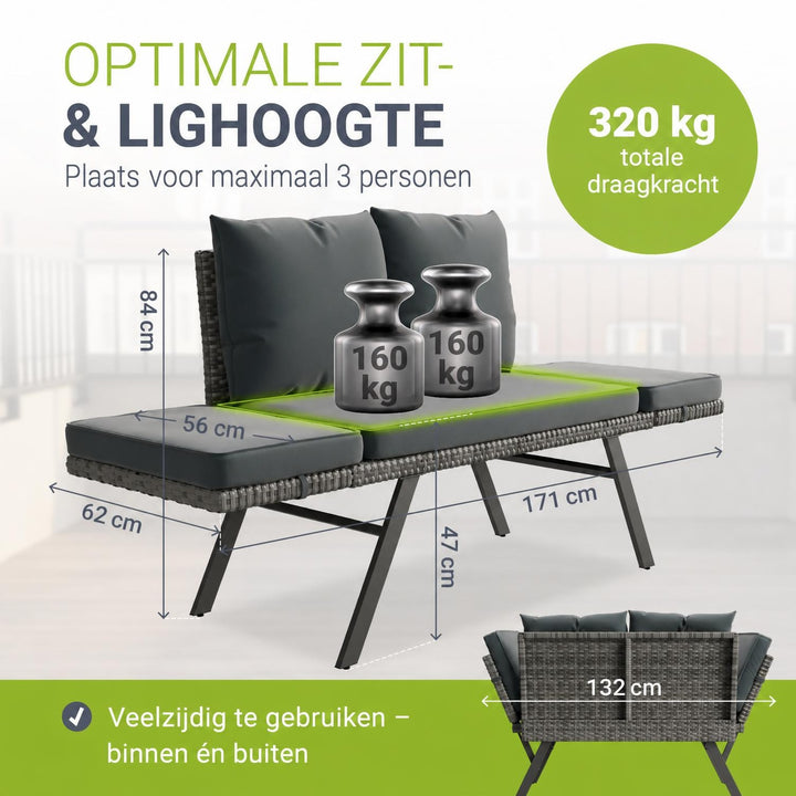 Wicker tuinbank Calvia – 2-in-1 bank en ligbed, 2-3 personen