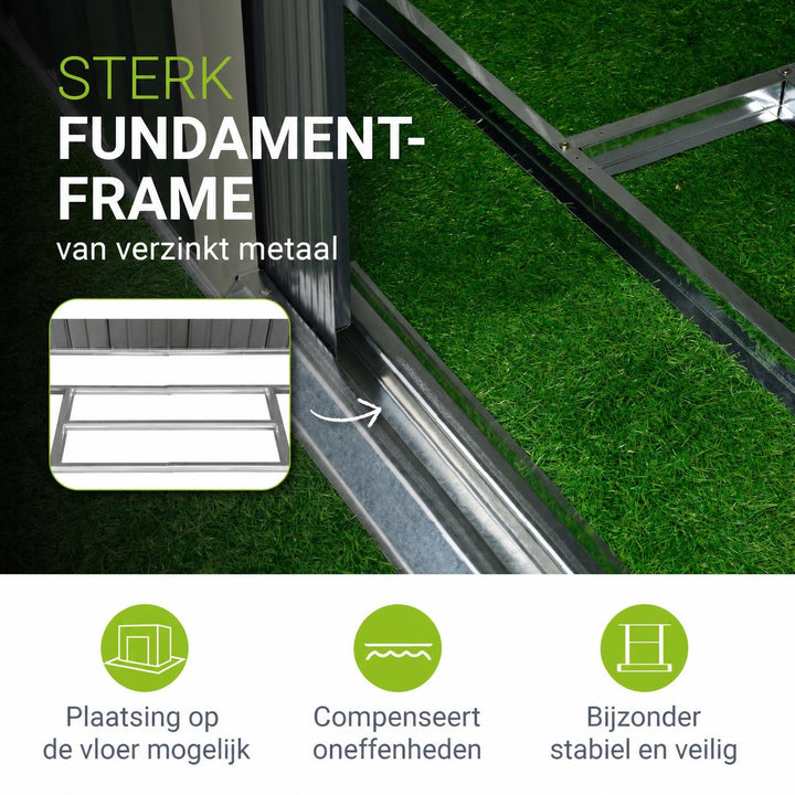 Metalen tuinhuis – verzinkt staal, lessenaarsdak, afsluitbaar