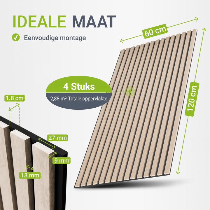 Akoestische wandpanelen houtlook – set van 4, samen 2,88 m²