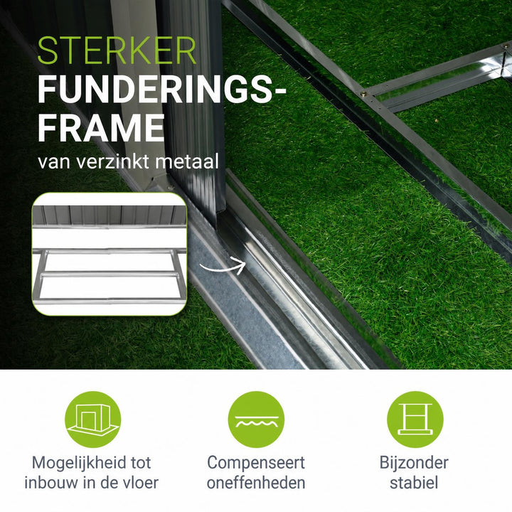 Metalen tuinhuis – verzinkt staal, lessenaarsdak, afsluitbaar