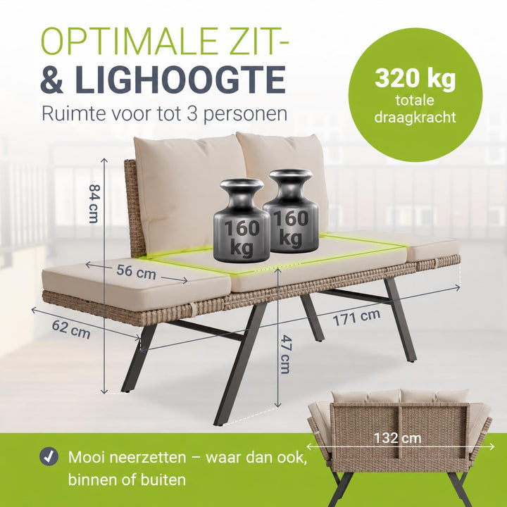Wicker tuinbank Calvia – 2-in-1 bank en ligbed, 2-3 personen