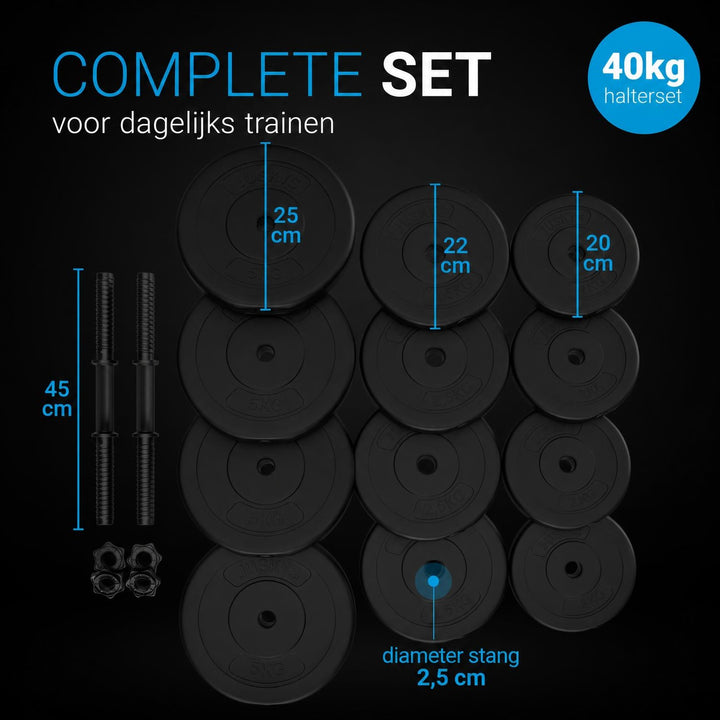 Dumbbellset 40 kg – 2 stangen en 12 gewichtsschijven, verstelbaar