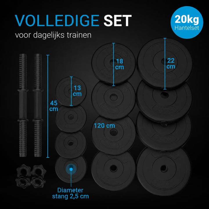 Dumbbellset 20 kg – 2 stangen en 12 gewichtsschijven, verstelbaar