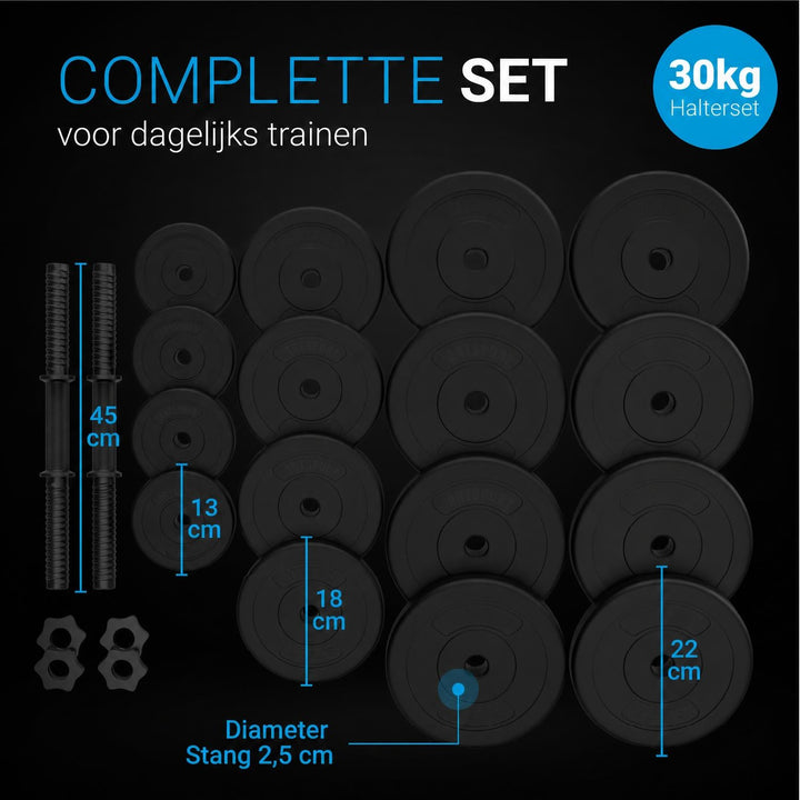 Halterset 30 kg – 2 dumbbellstangen en 16 gewichtsschijven