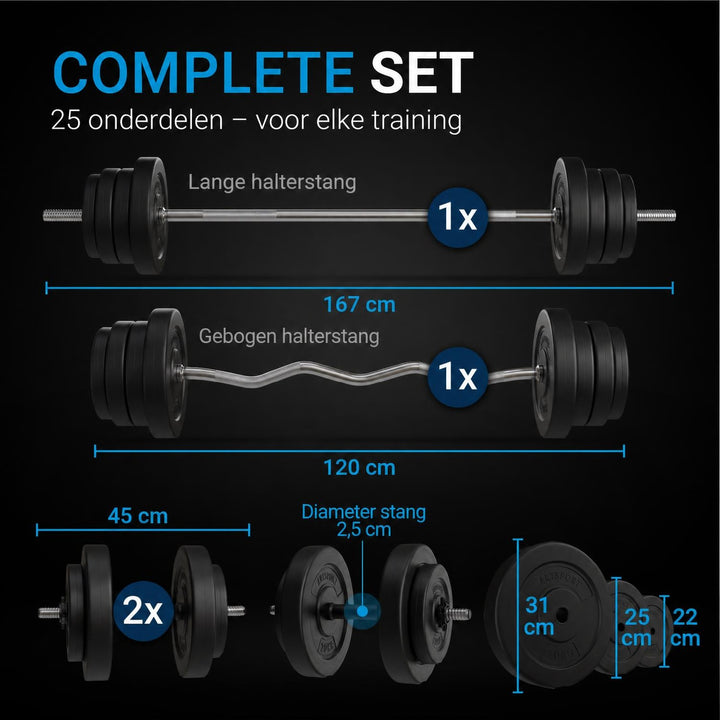 Halterset 3-in-1 60 kg – dumbbells, halterstang en curlstang