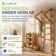 Houten wandrek voor kinderen – met touwladder en gymringen