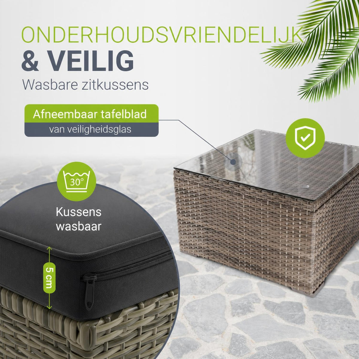 Wicker loungeset Punta Cana – 3 personen, bank met glazen tafel