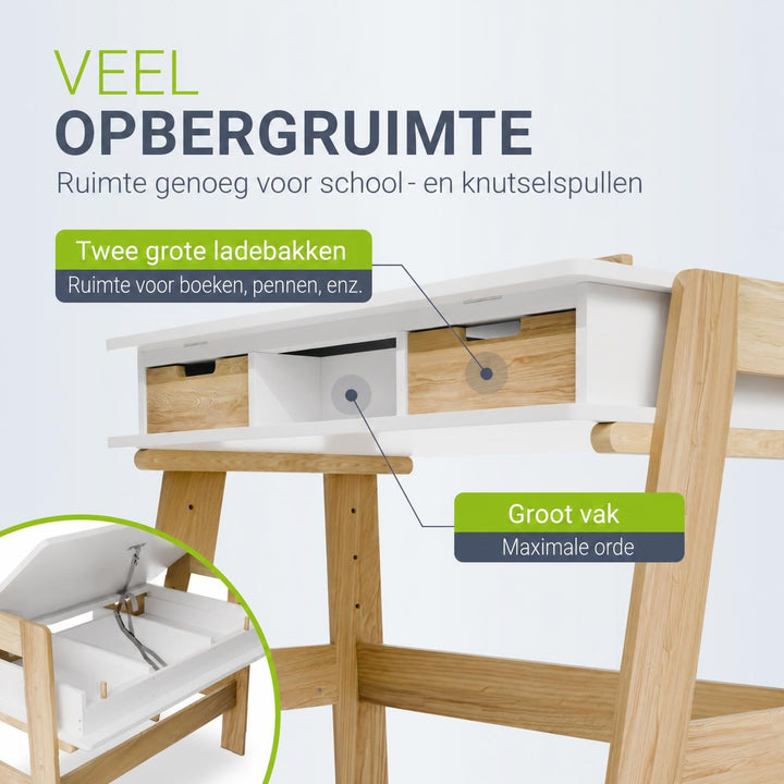 Kinderbureau Fietje – in hoogte verstelbaar, 2 lades, wit