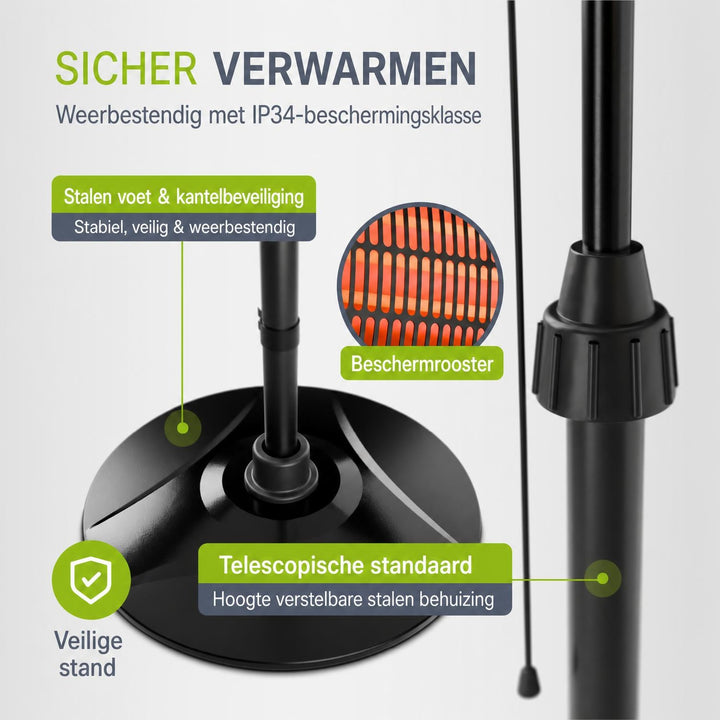 Infrarood terrasverwarmer 2000 W – 3 standen, in hoogte verstelbaar