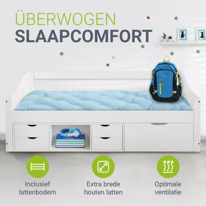Opbergbed Nalu – 90x200 cm, 5 lades en lattenbodem