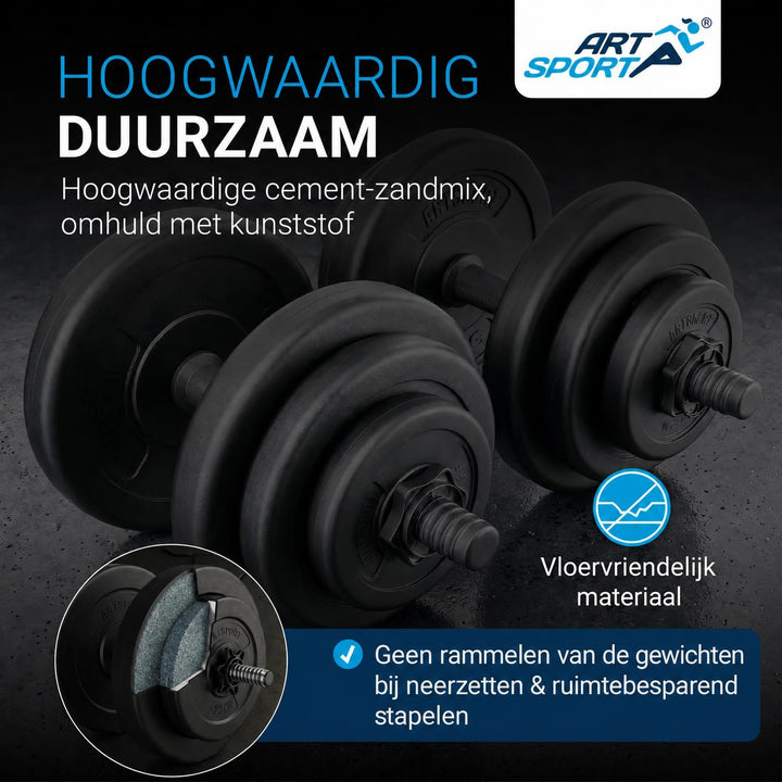 Dumbbellset 20 kg – 2 stangen en 12 gewichtsschijven, verstelbaar